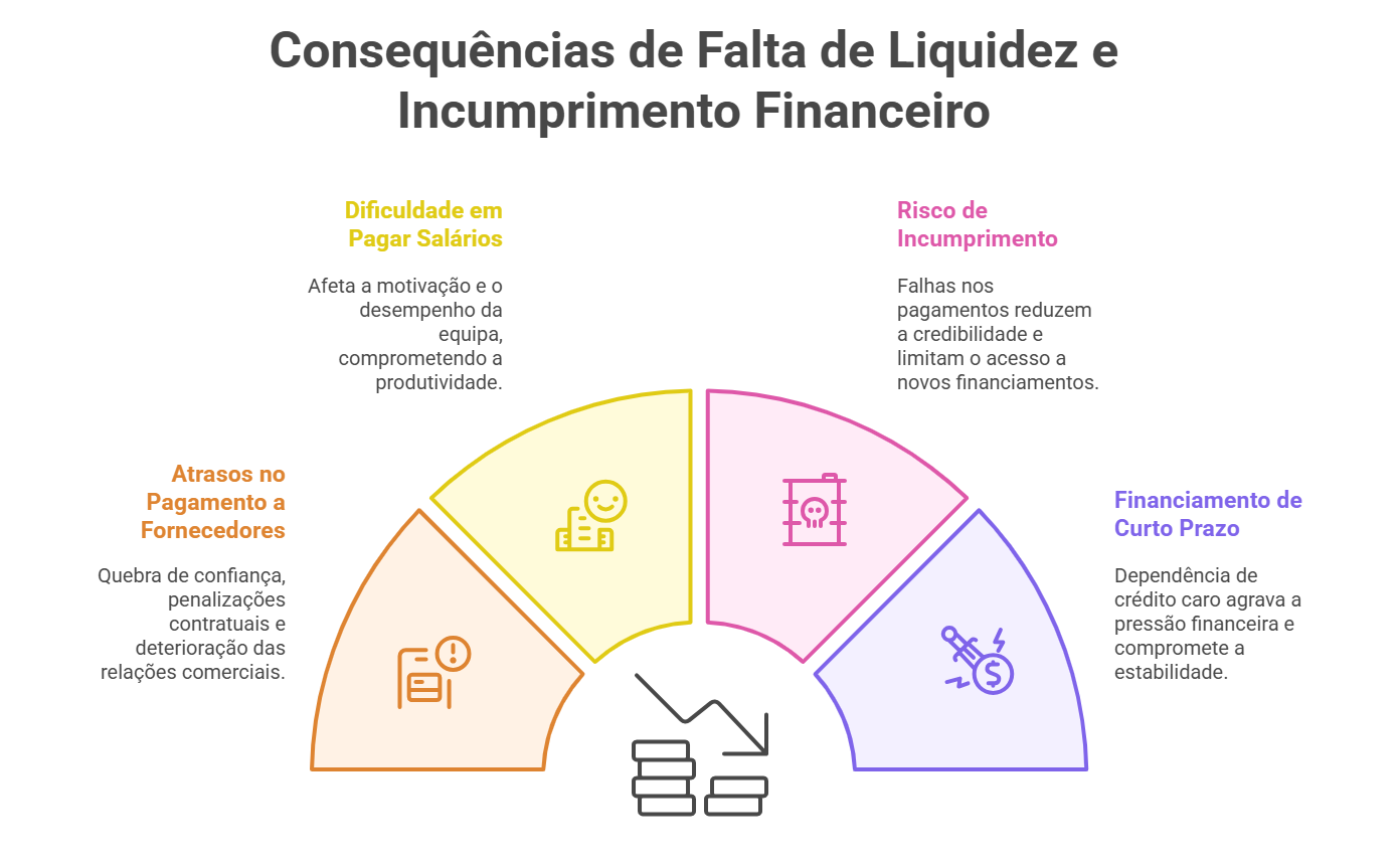 Infográfico com quatro consequências da falta de liquidez: atrasos no pagamento a fornecedores, dificuldade em pagar salários, risco de incumprimento financeiro e necessidade de recorrer a financiamento de curto prazo.